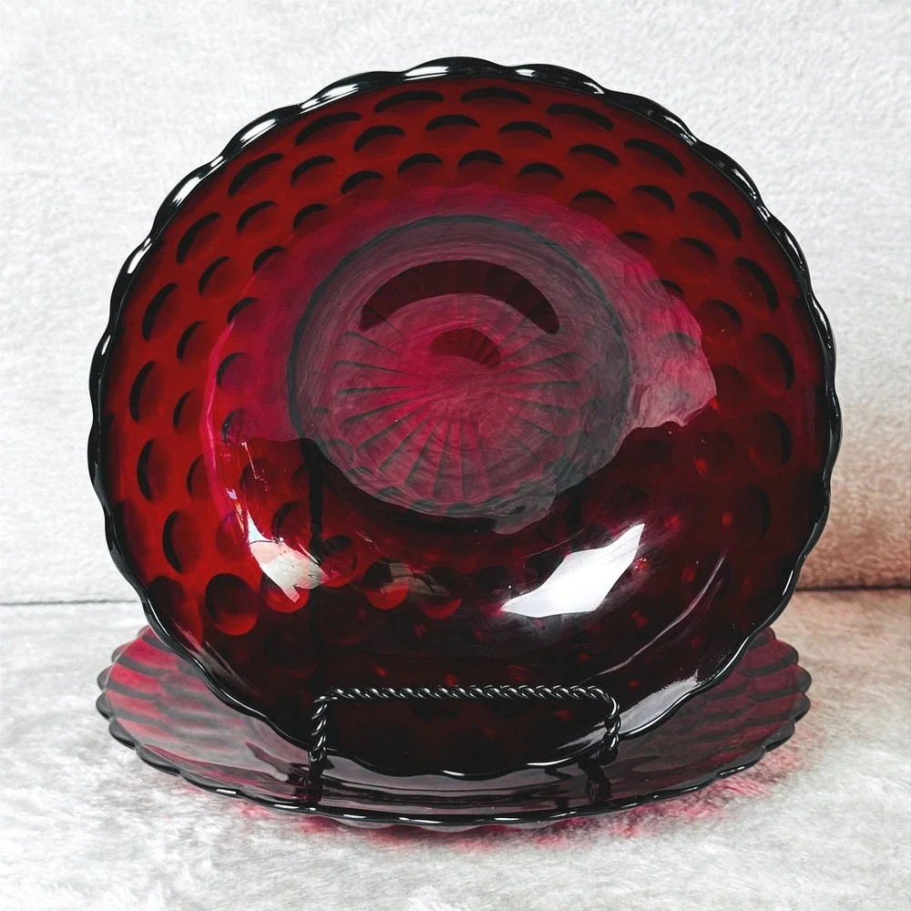 Anchor Hocking Ruby Red Glass Serving Bowl Plate Set Bubble Scalloped Vintage